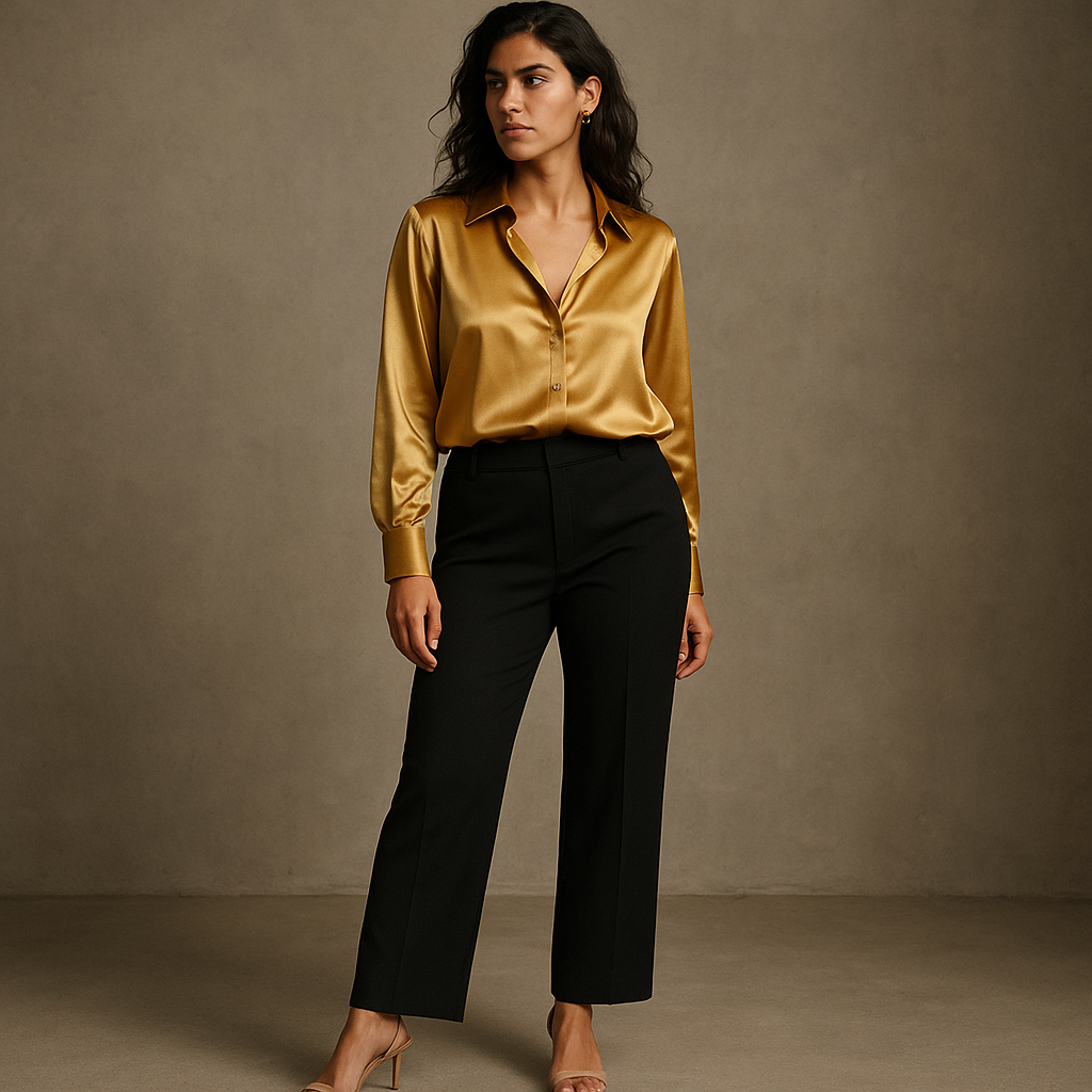 Klassische goldfarbene Bluse mit Langarm