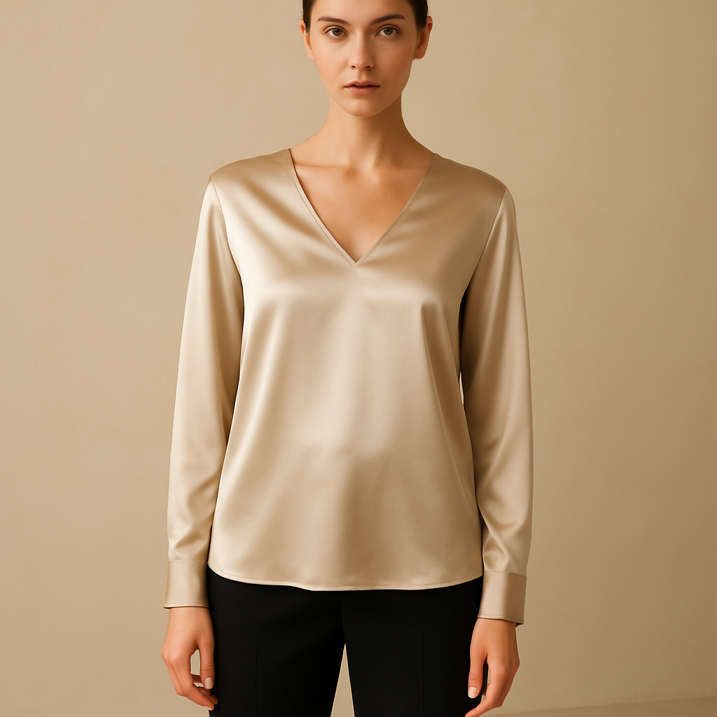 Damen Satin Bluse in Champagne – Elegante V-Ausschnitt Bluse mit Langarm | Modezeno