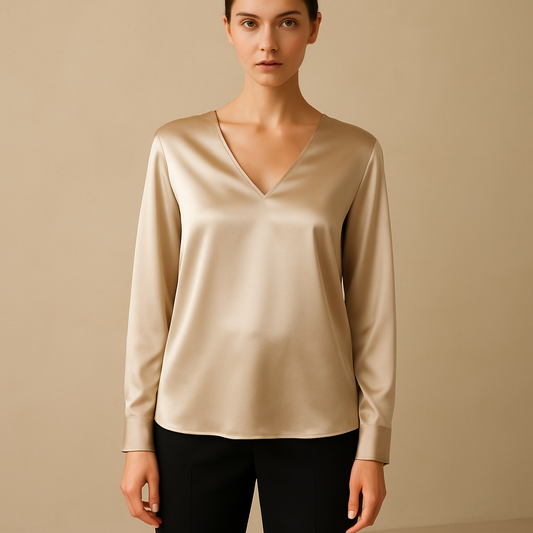 Damen Satin Bluse in Champagne – Elegante V-Ausschnitt Bluse mit Langarm | Modezeno
