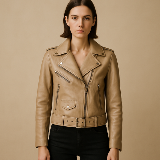 Damen Leder Bikerjacke in Beige – Kurz geschnittene Motorradjacke mit Gürtel | Modezeno