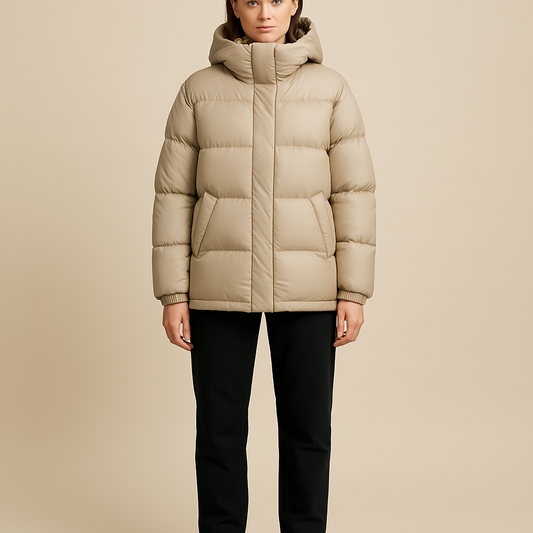 Damen Steppjacke mit Kapuze in Beige – Warme Winter Pufferjacke | Modezeno