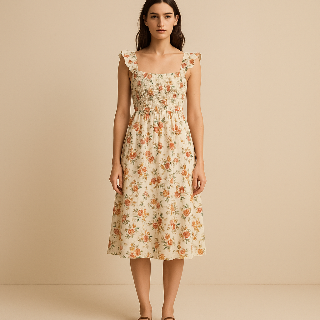 Damen Sommerkleid mit Blumenmuster – Midikleid mit Smok-Oberteil und Rüschenärmeln | Modezeno