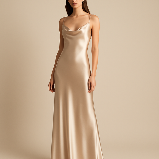 Damen Satin Abendkleid in Champagne – Langes Slip Dress mit Wasserfallausschnitt | Modezeno