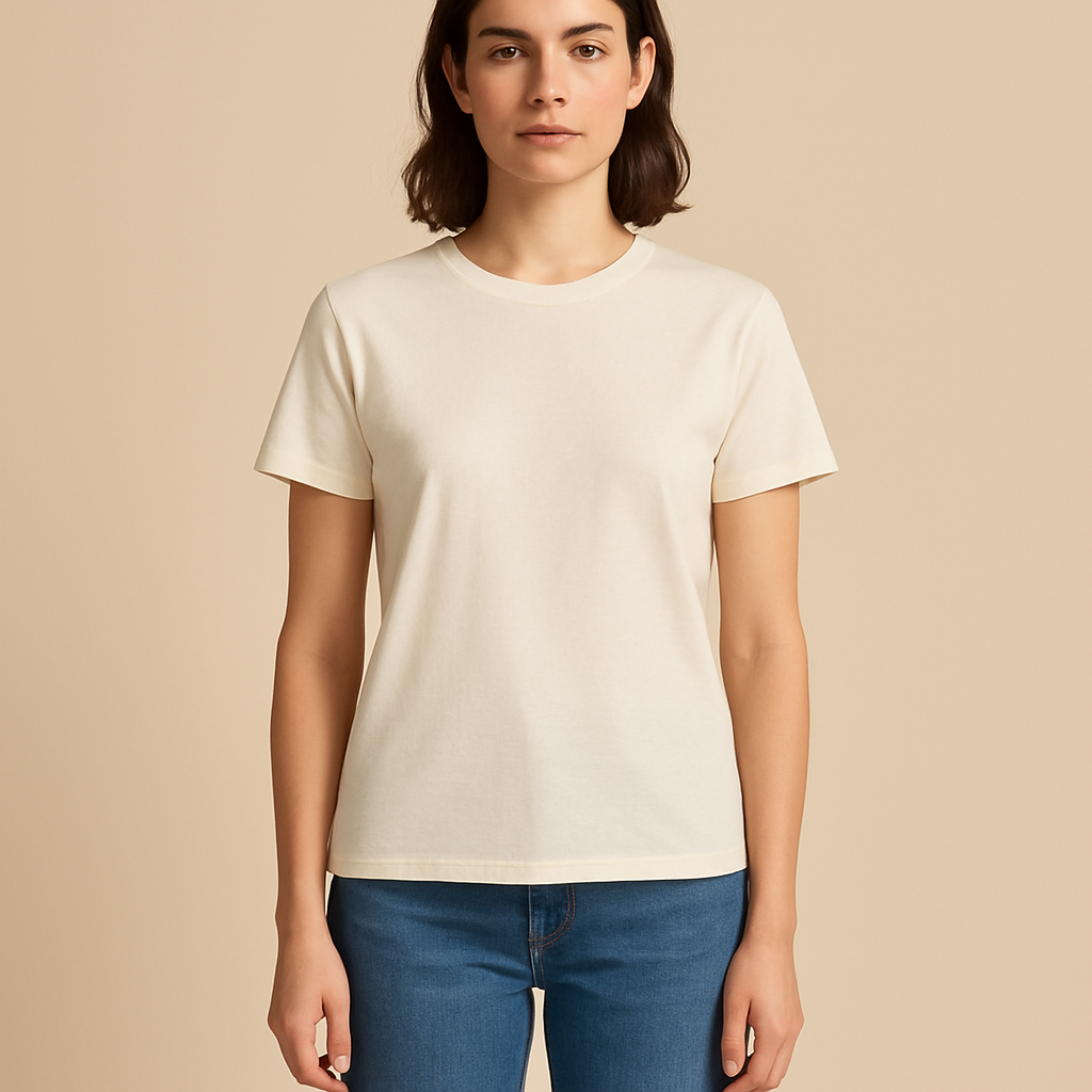 Damen Basic T-Shirt in Creme – Kurzarm Baumwollshirt mit Rundhals | Modezeno